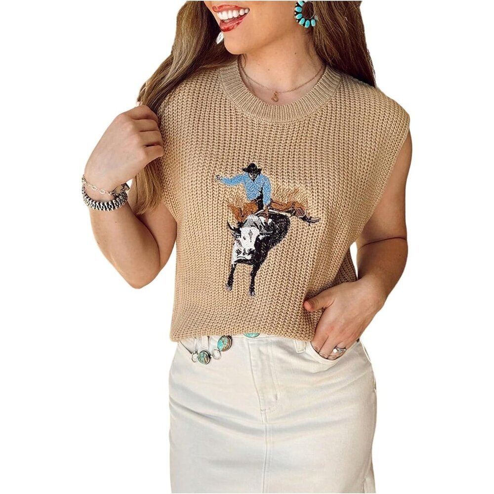 Women's Khaki Western Embroidered Vest Crew Neck Cap Sleeve Pullover Sweater